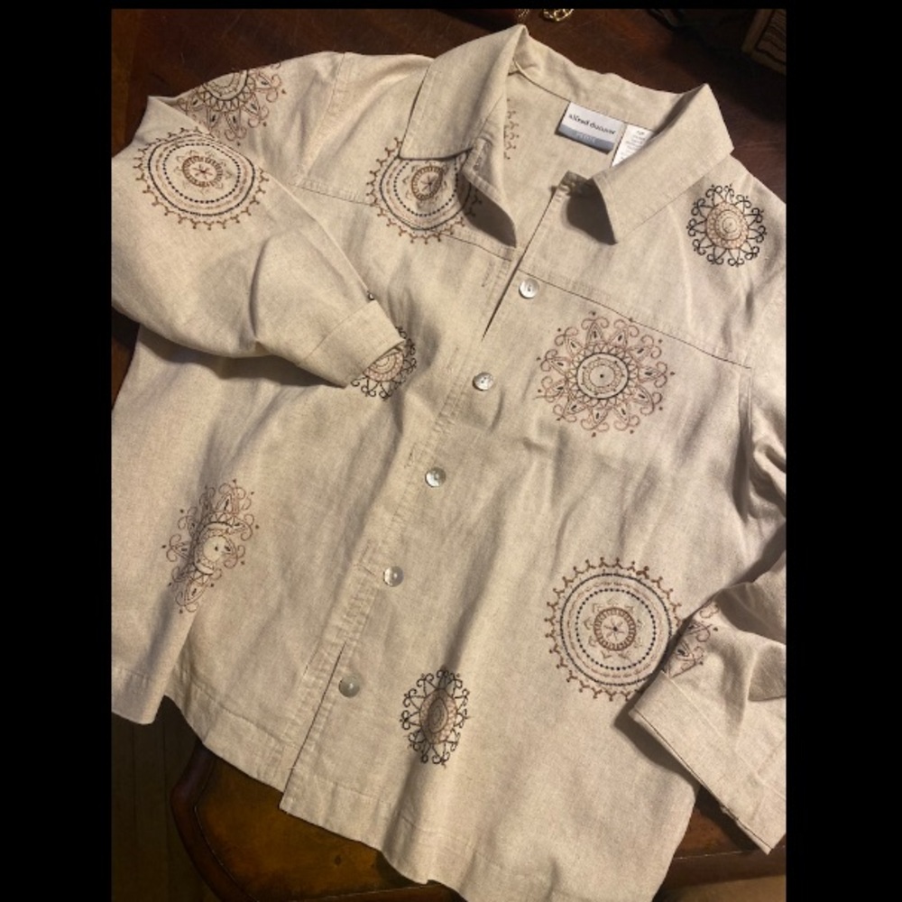 Alfred Dunner Beige Embroidered Button-Front Blazer